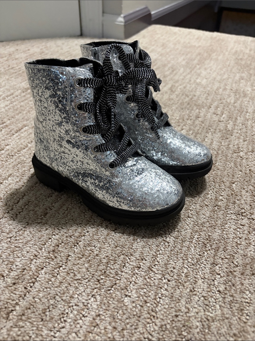 Girls' Jumping Beans Shimmer Silver Lace-Up Ankle Boots